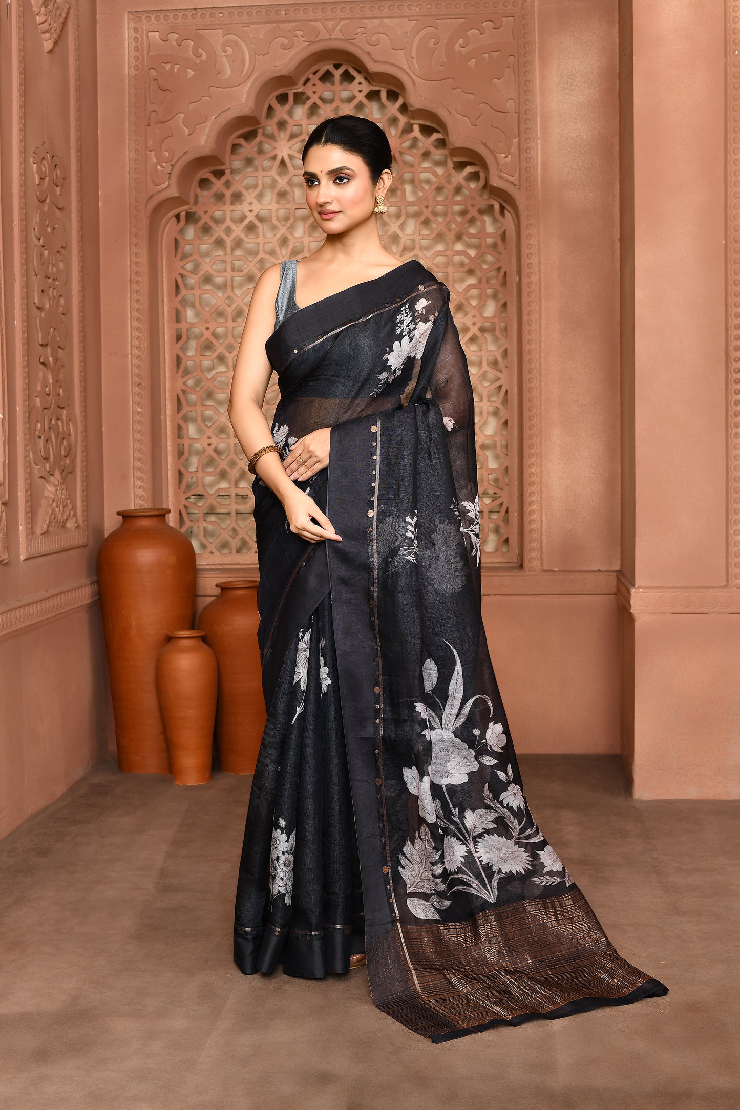 Megha Rose Radiance Tussar Silk Saree Black Saree featured