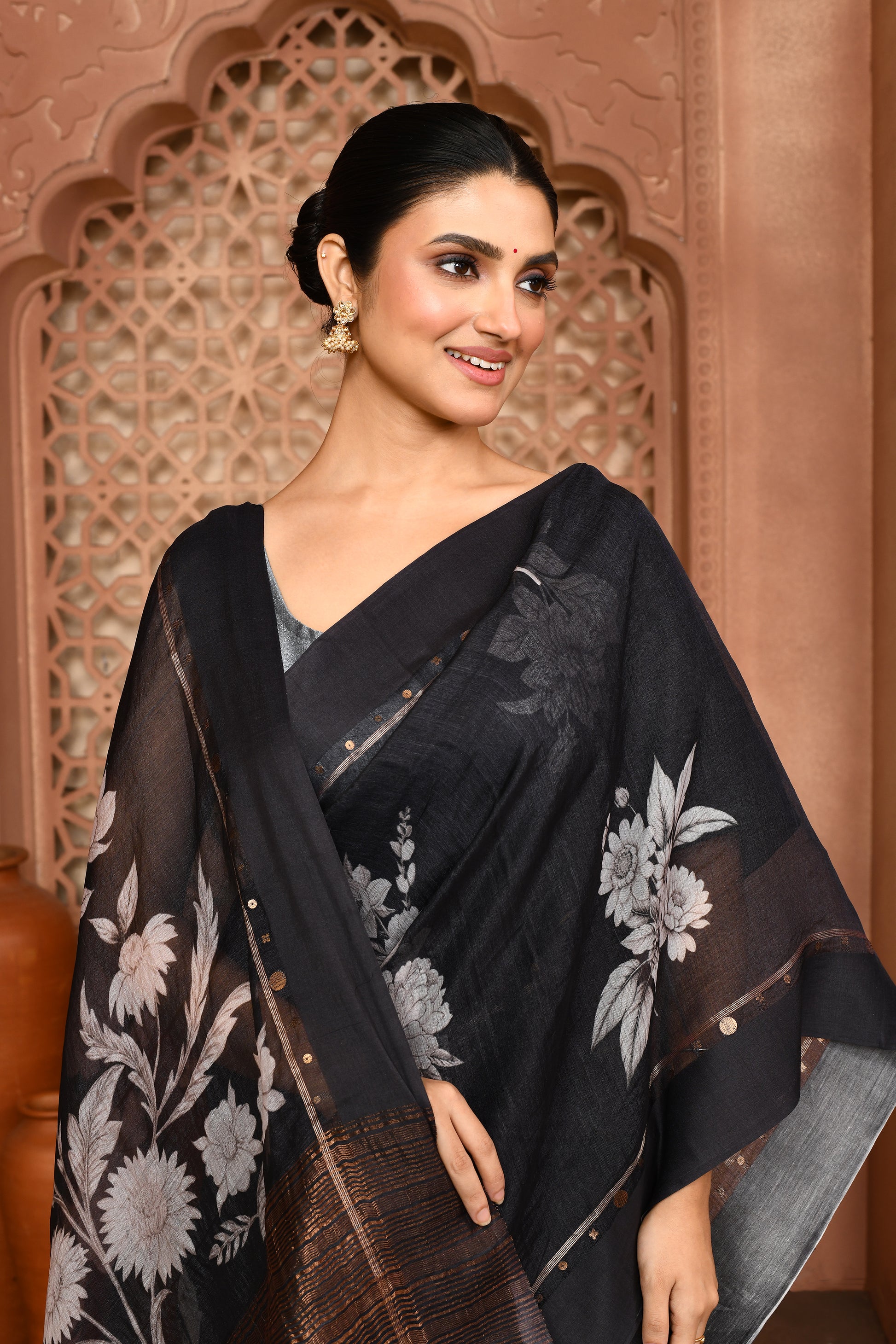 Megha Rose Radiance Tussar Silk Saree Black Saree featured