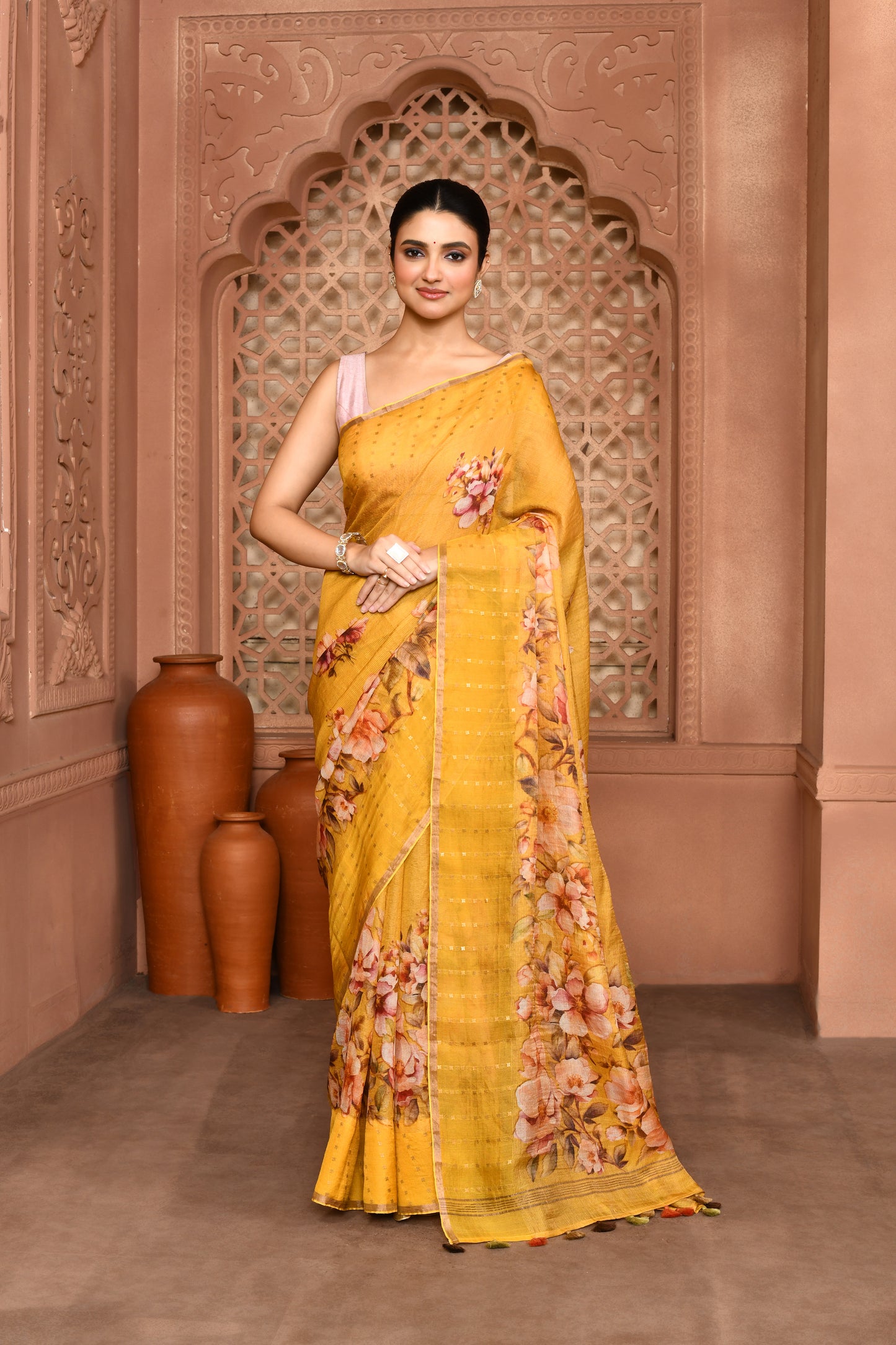 Kusum Floral Muslin Silk Saree mustard yellow featured