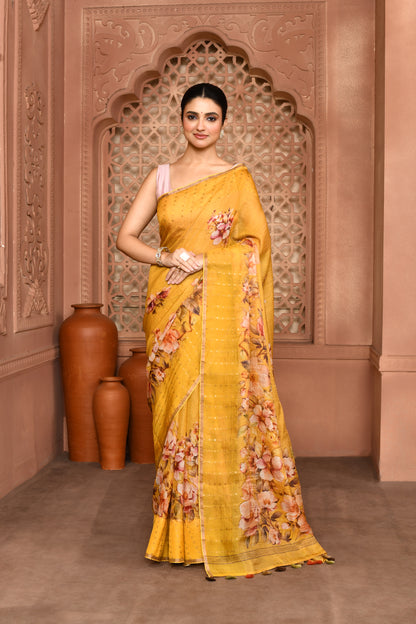 Kusum Floral Muslin Silk Saree mustard yellow featured
