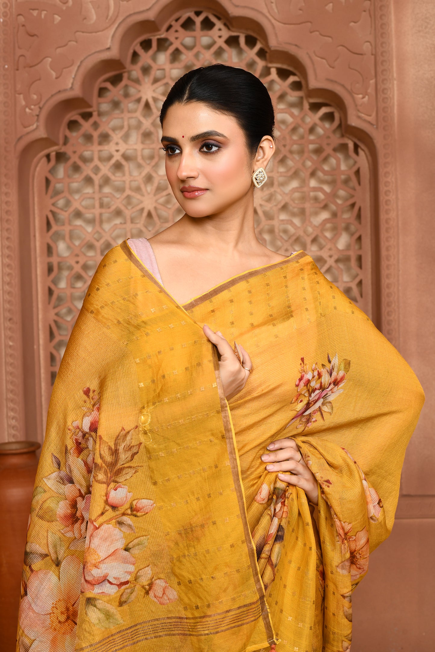 Kusum Floral Muslin Silk Saree mustard yellow featured