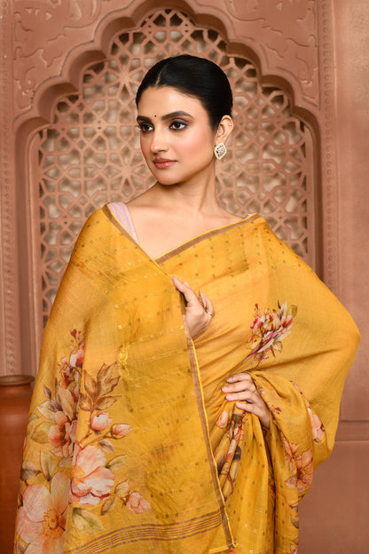 Kusum Floral Muslin Silk Saree mustard yellow featured