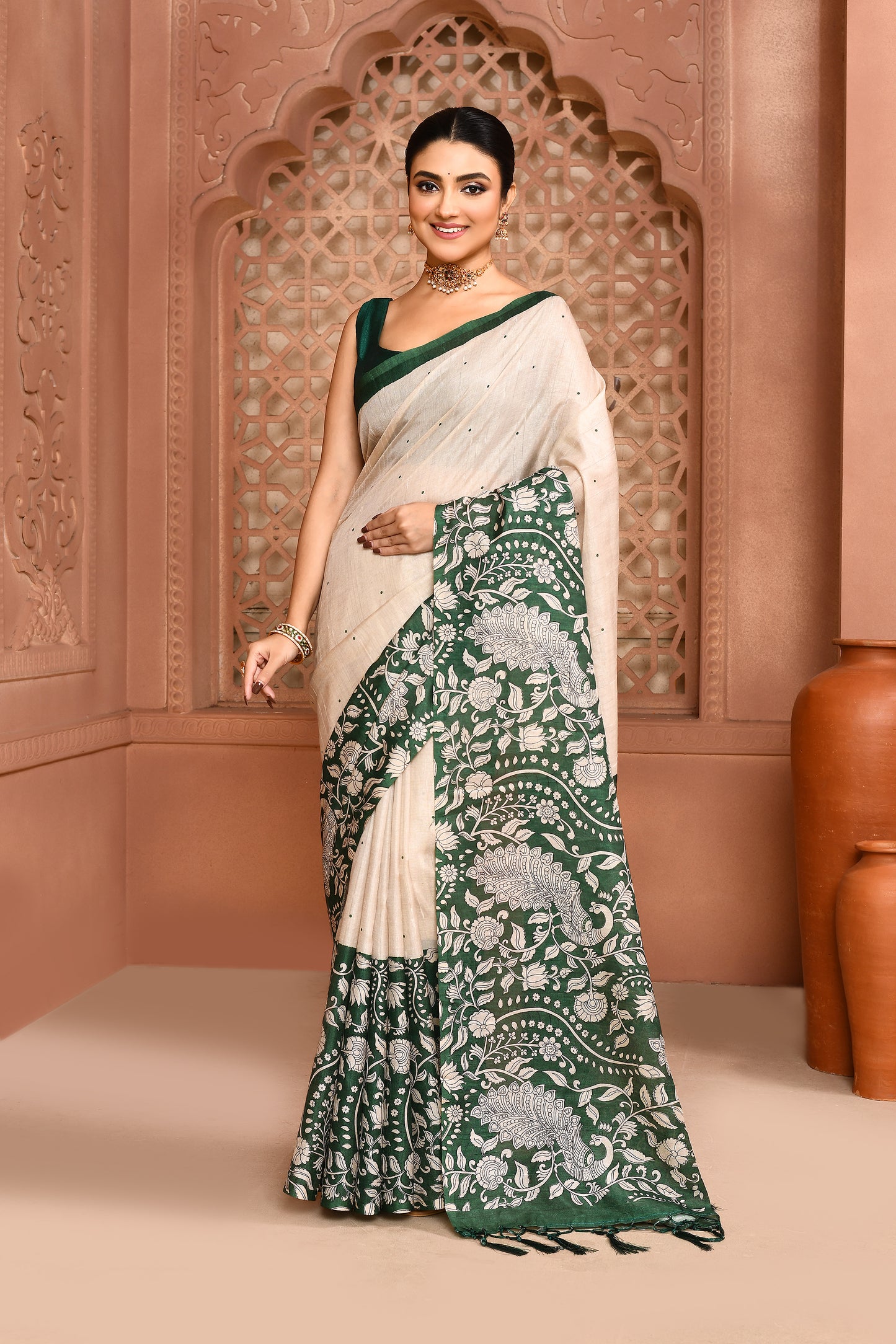 Kalamkari Tussar Silk Saree Storm Green Saree featured