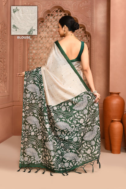 Kalamkari Tussar Silk Saree Storm Green Saree featured