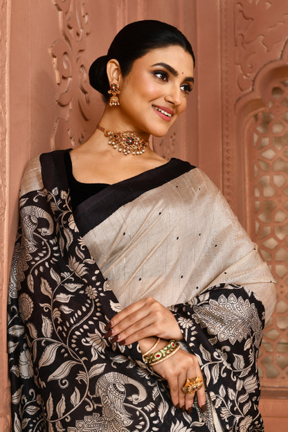 Kalamkari Tussar Silk Saree Black Saree featured