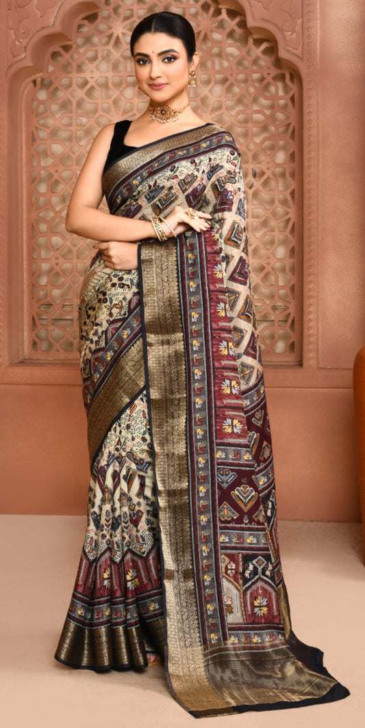 Seamless Ikat Russian Viscose Saree Beige Saree featured
