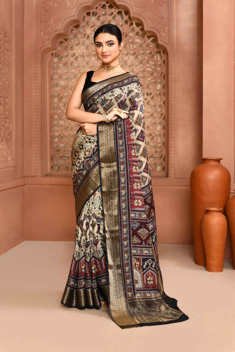 Seamless Ikat Russian Viscose Saree Beige Saree featured