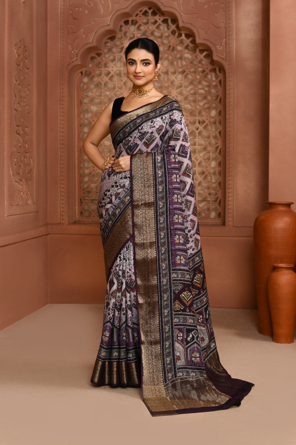 Seamless Ikat Russian Viscose Saree Light pastel purple Saree featured