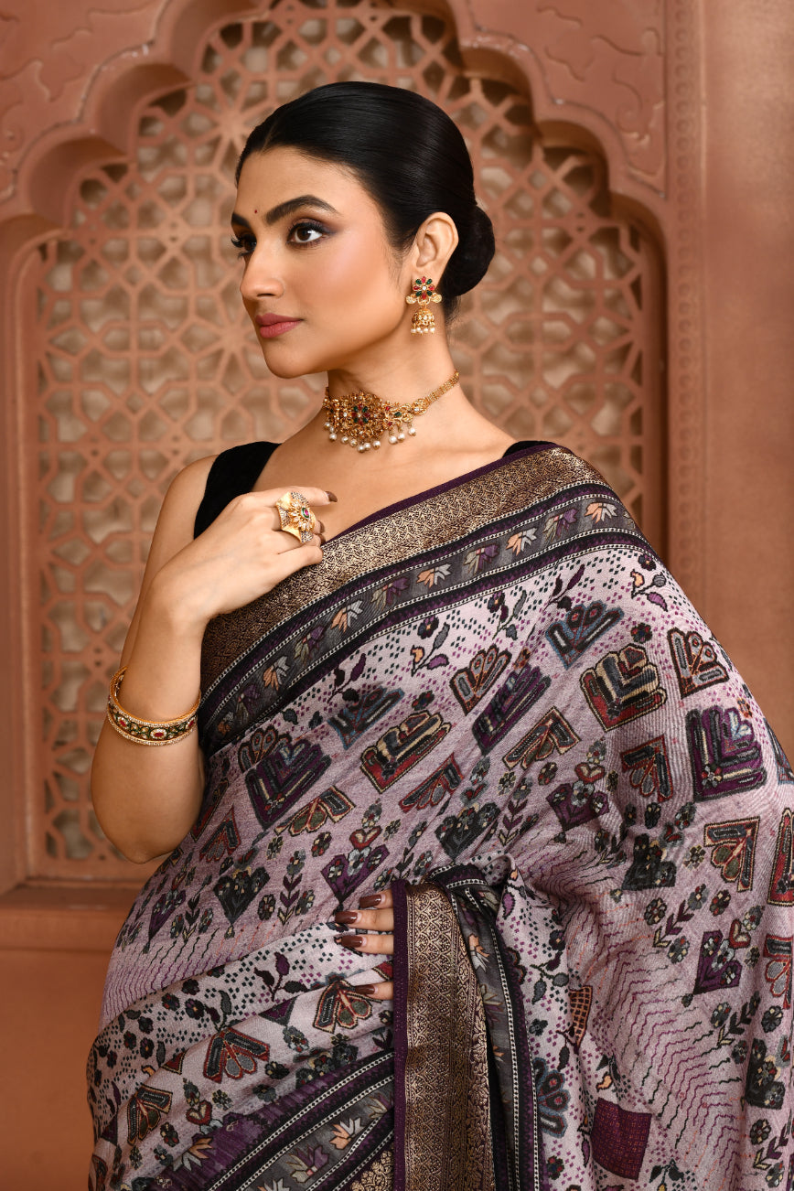 Seamless Ikat Russian Viscose Saree Light pastel purple Saree featured