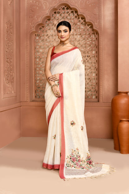Blossom Linen Shimmer Saree Red Saree featured