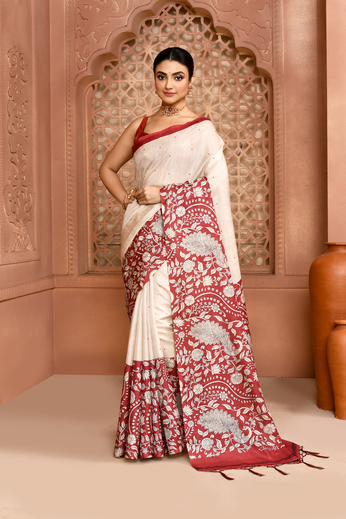 Kalamkari Tussar Silk Saree Red Saree featured