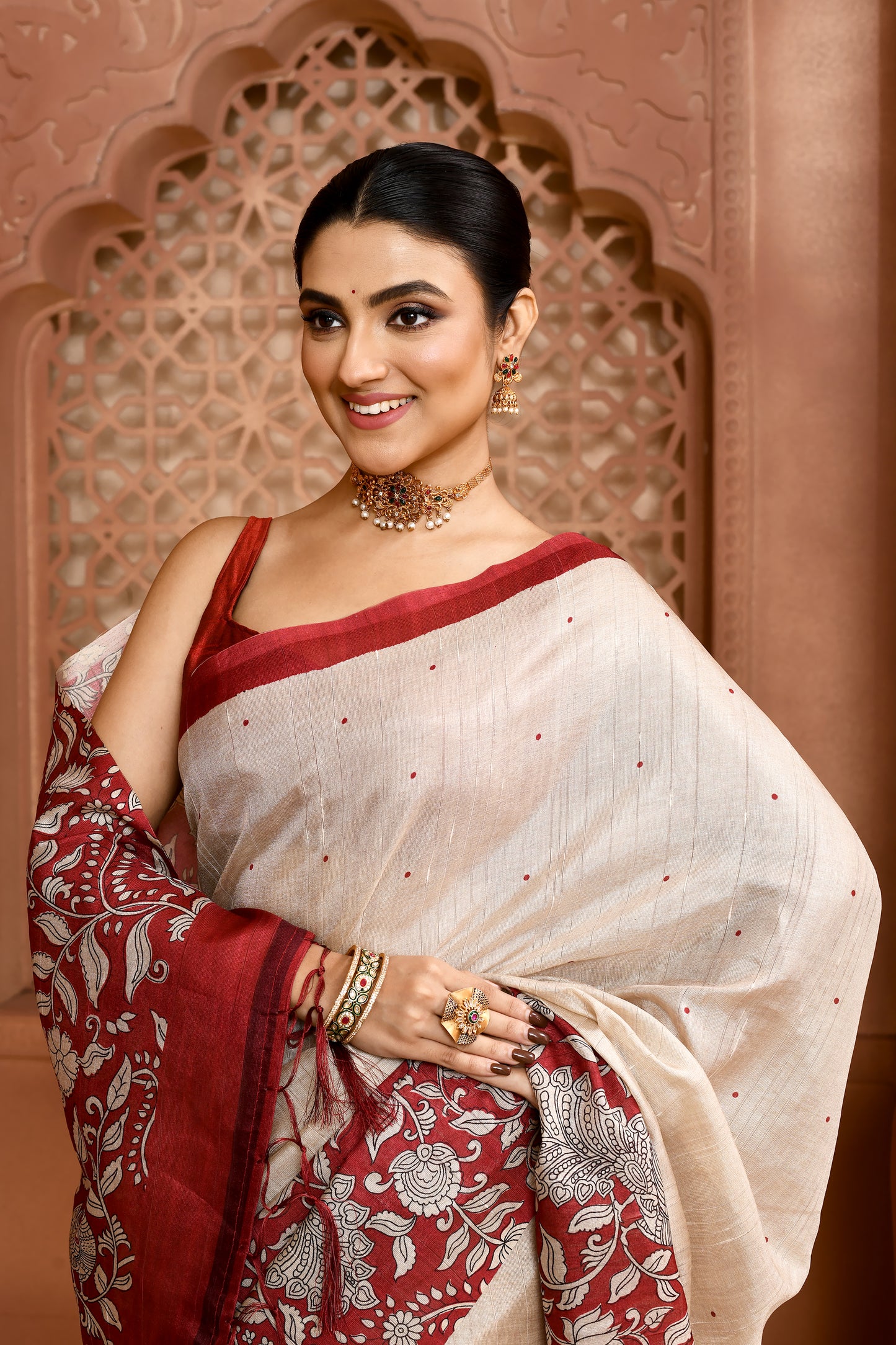 Kalamkari Tussar Silk Saree Red Saree featured