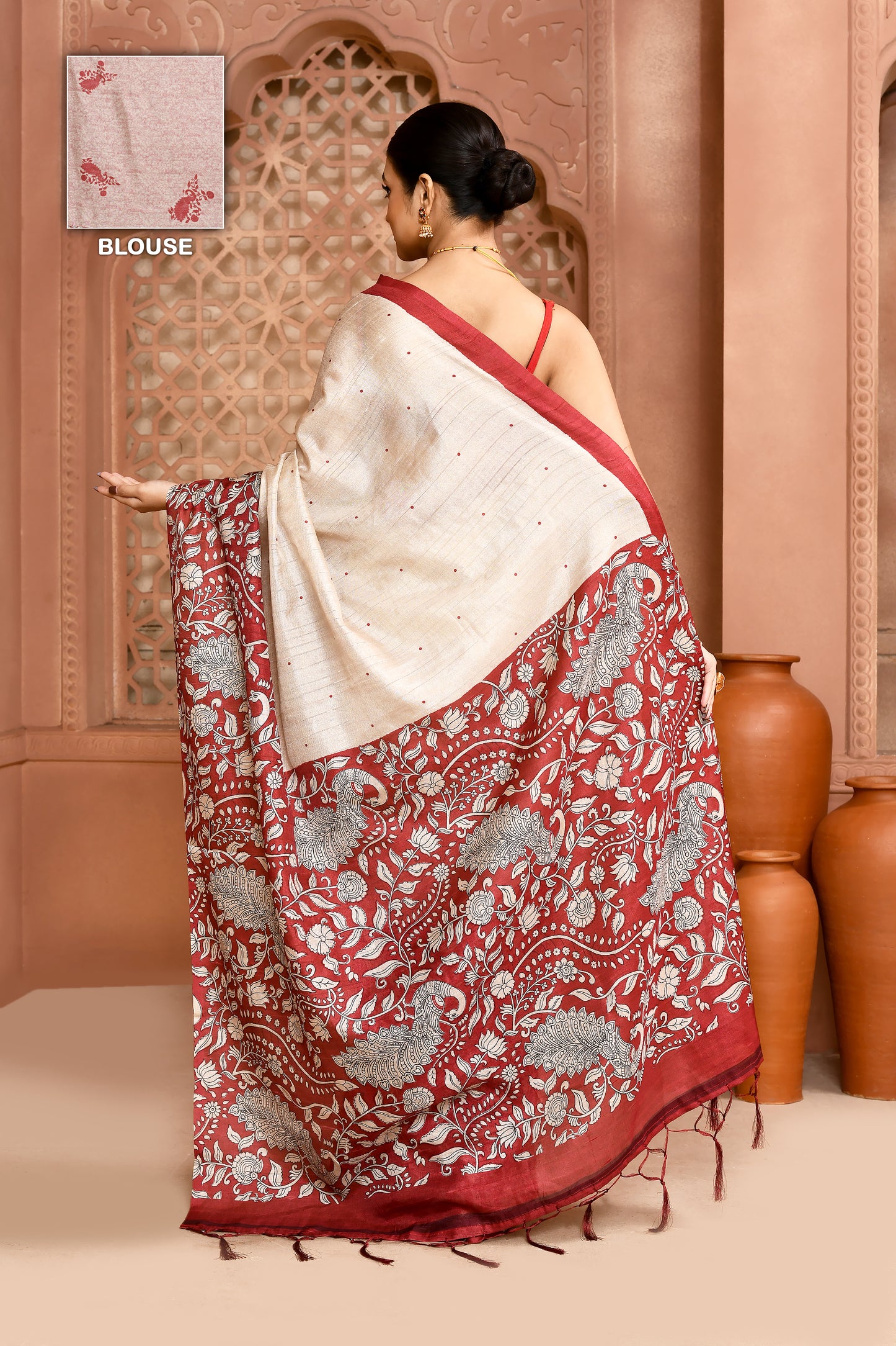 Kalamkari Tussar Silk Saree Red Saree featured