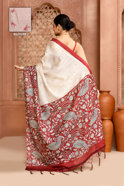 Kalamkari Tussar Silk Saree Red Saree featured