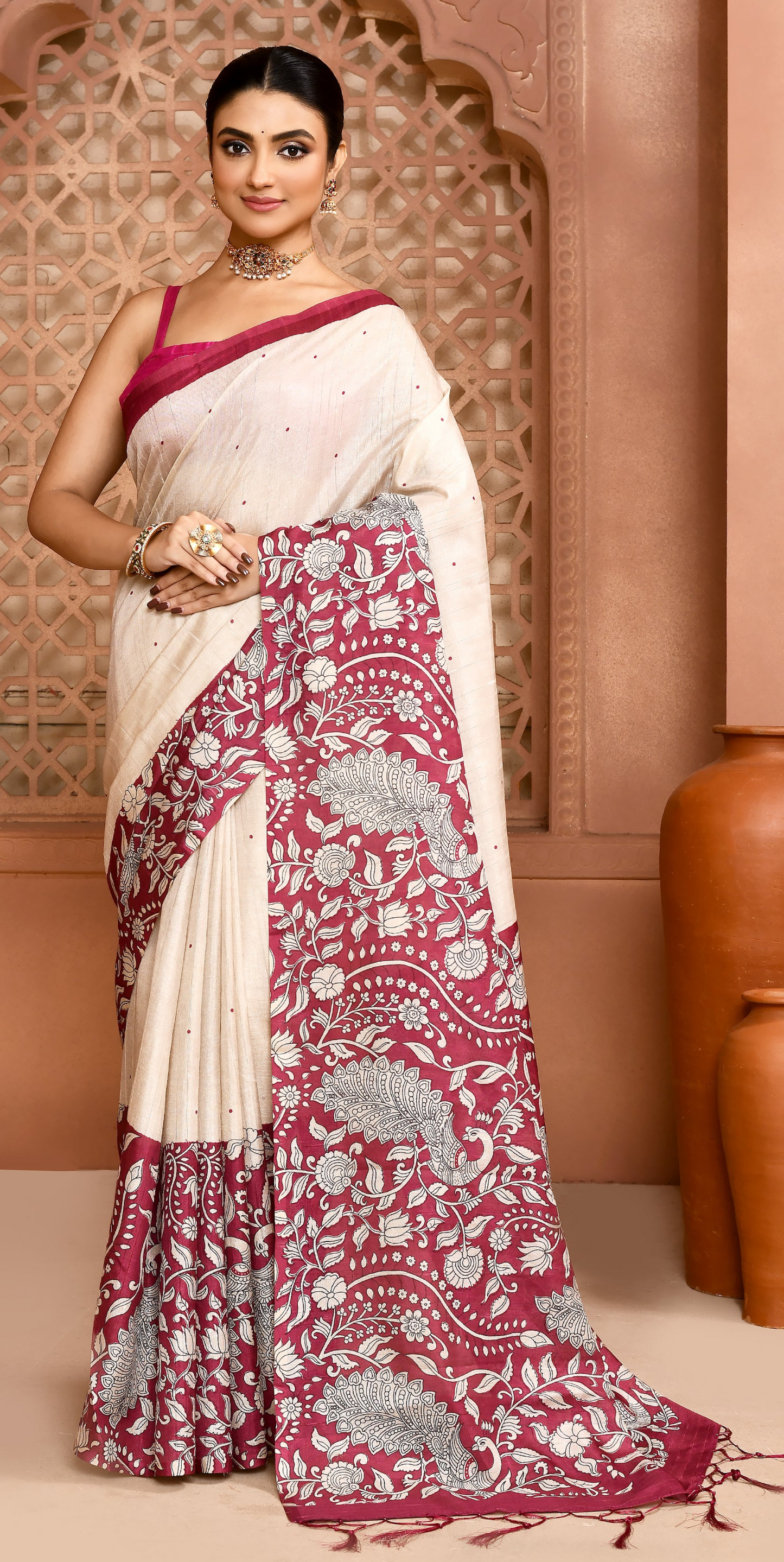 Kalamkari Tussar Silk Saree Viva Magenta Saree featured