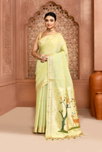 Load image into Gallery viewer, Golden Meadow Cotton Saree Lime Green featured