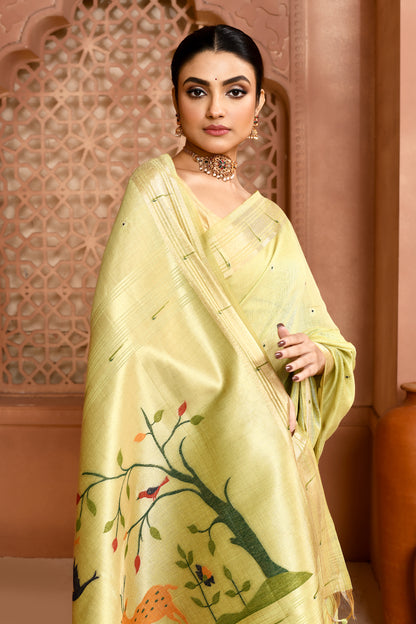 Golden Meadow Cotton Saree Lime Green featured