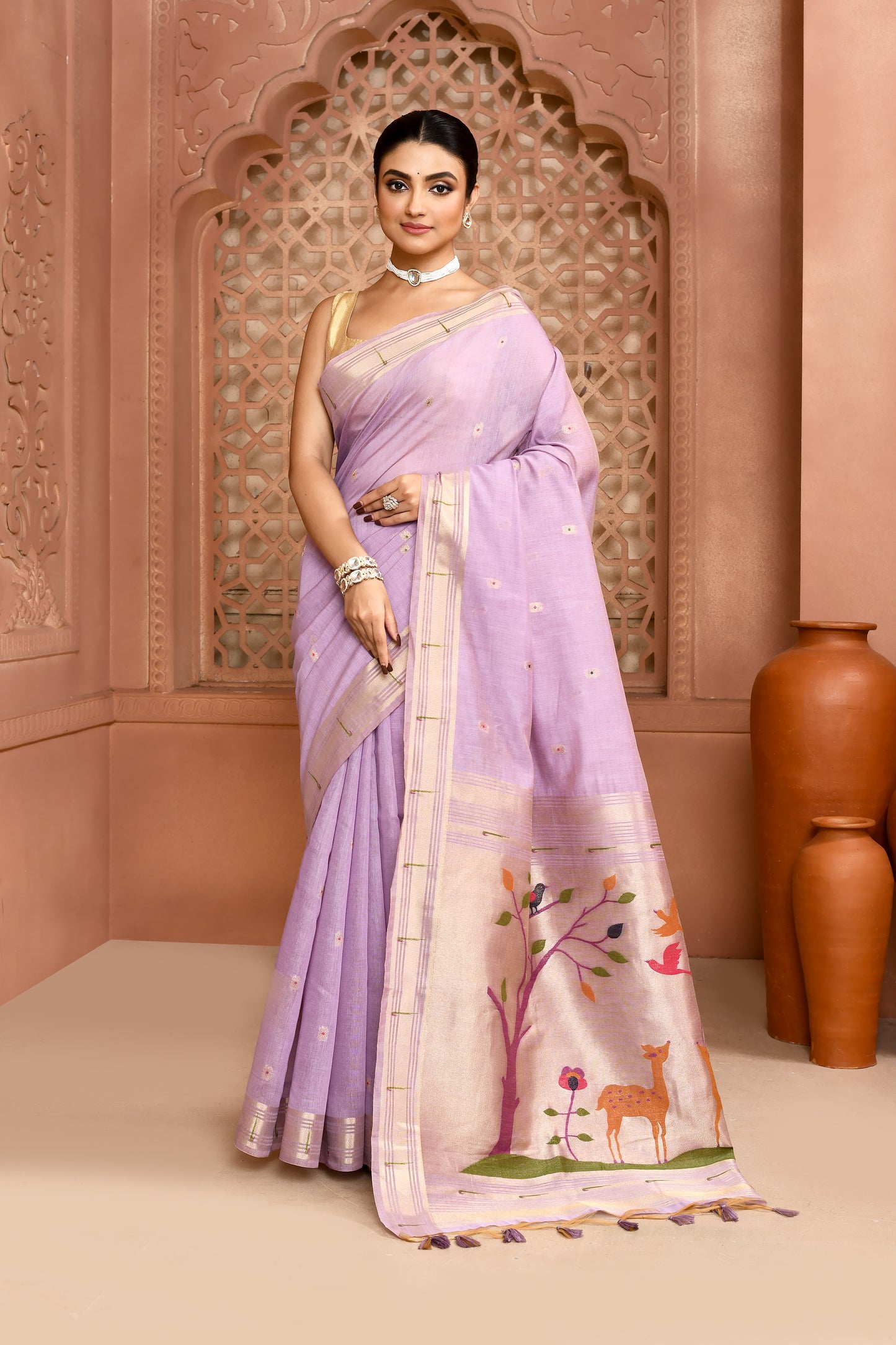 Golden Meadow Cotton Saree Purple featured