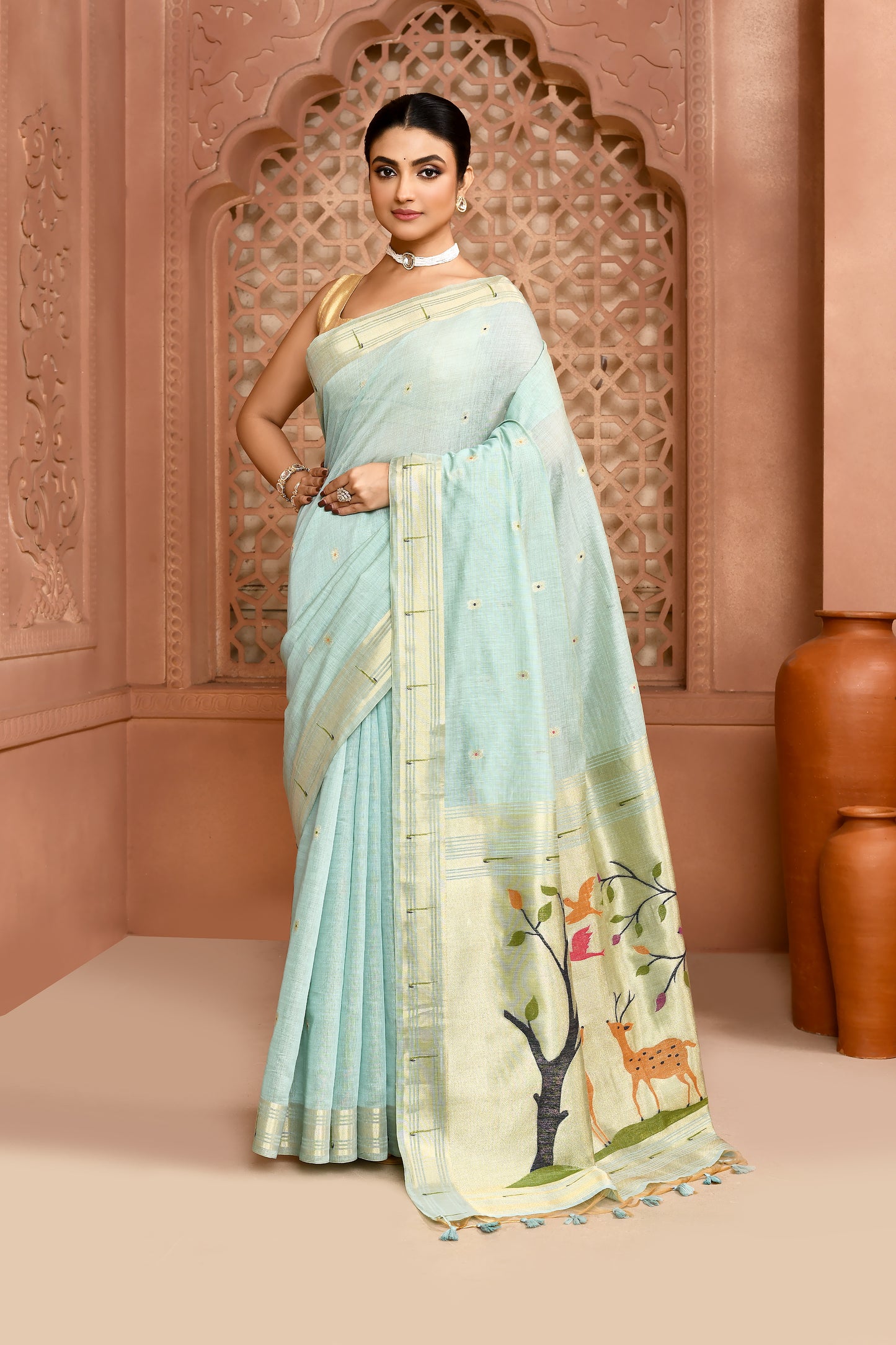 Golden Meadow Cotton Saree Aqua Blue featured