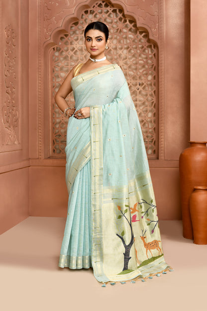 Golden Meadow Cotton Saree Aqua Blue featured
