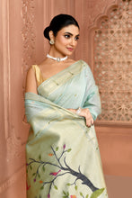 Load image into Gallery viewer, Golden Meadow Cotton Saree Aqua Blue featured