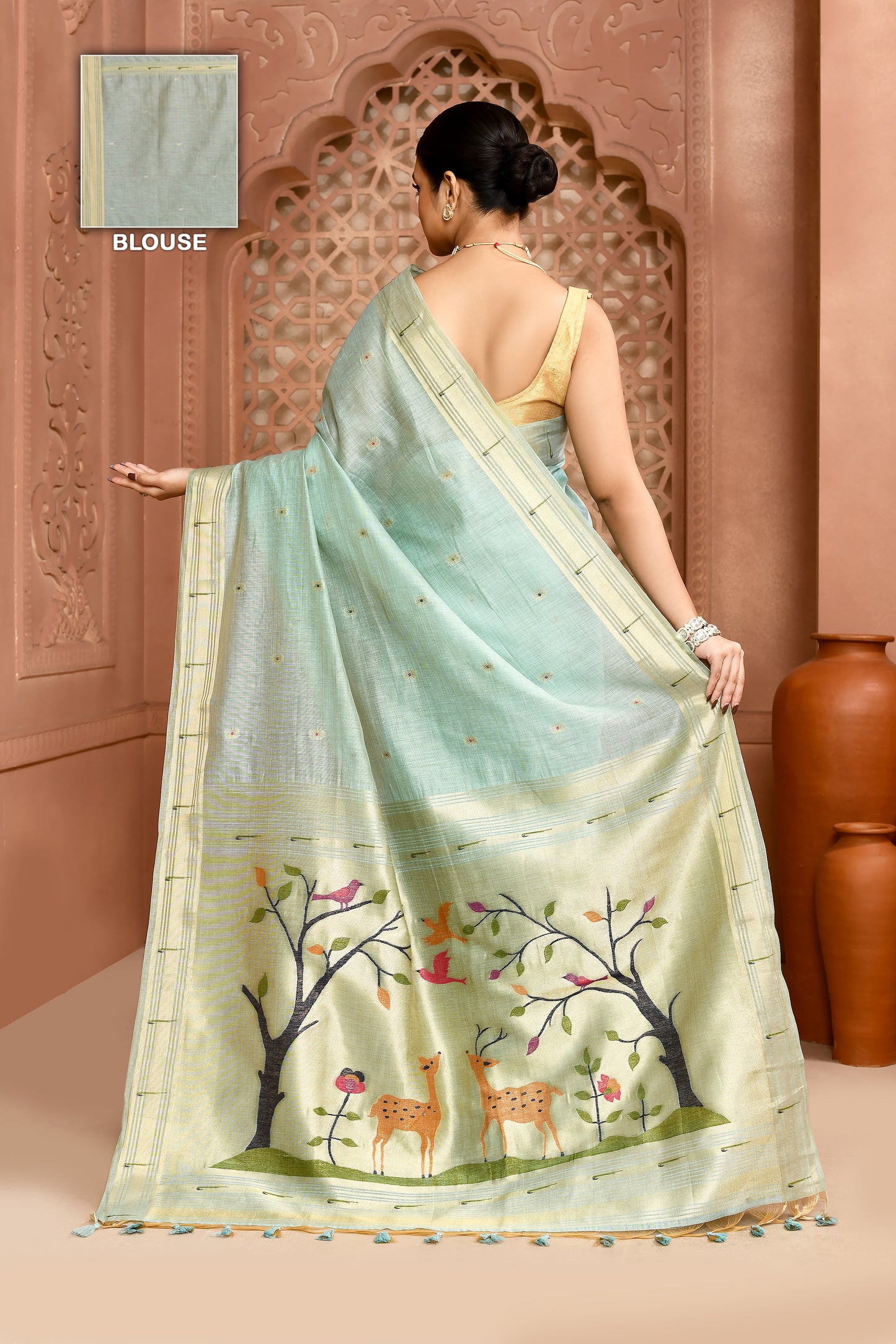 Golden Meadow Cotton Saree Aqua Blue featured