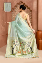 Load image into Gallery viewer, Golden Meadow Cotton Saree Aqua Blue featured