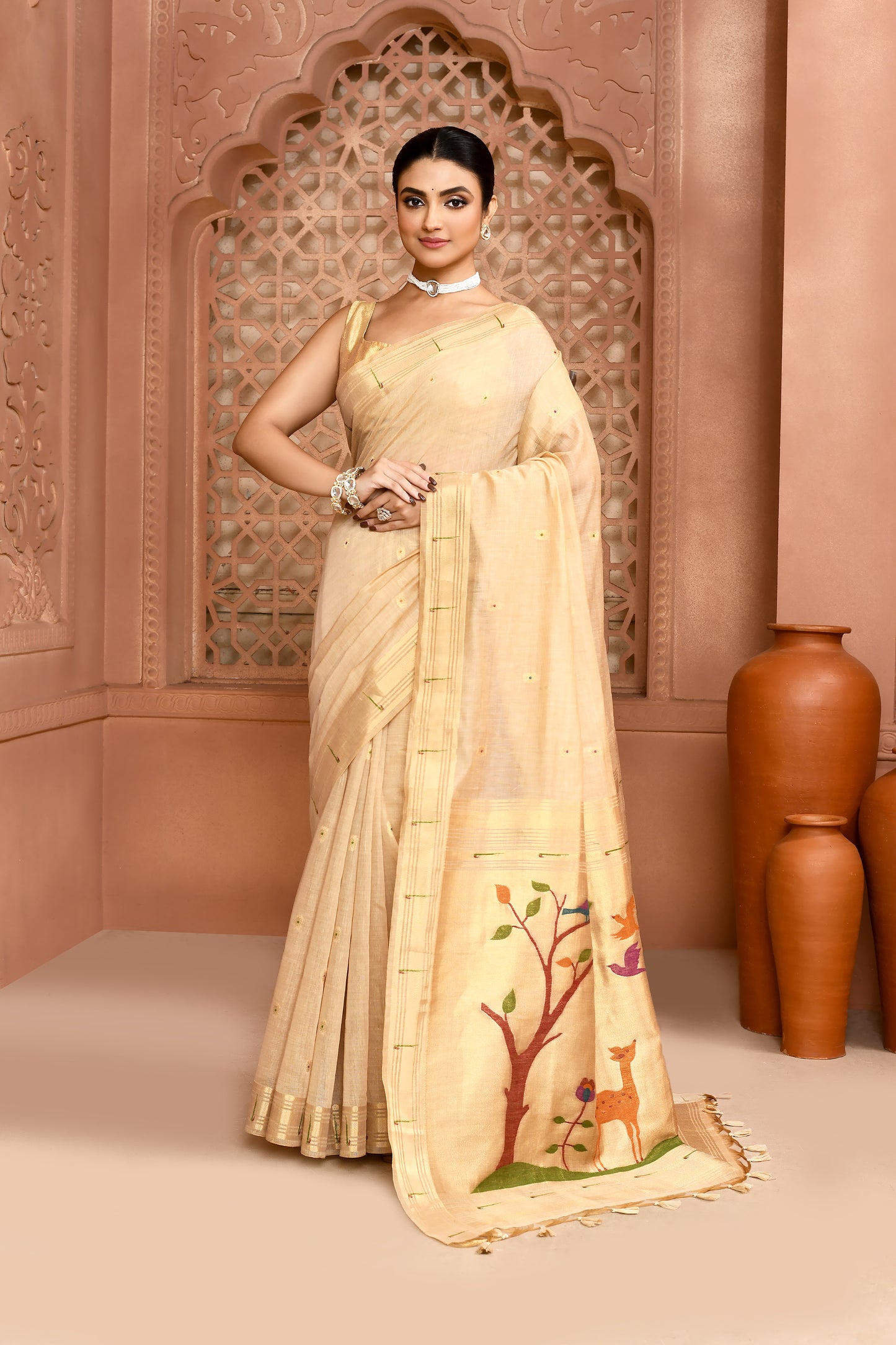 Golden Meadow Cotton Saree Bronze featured