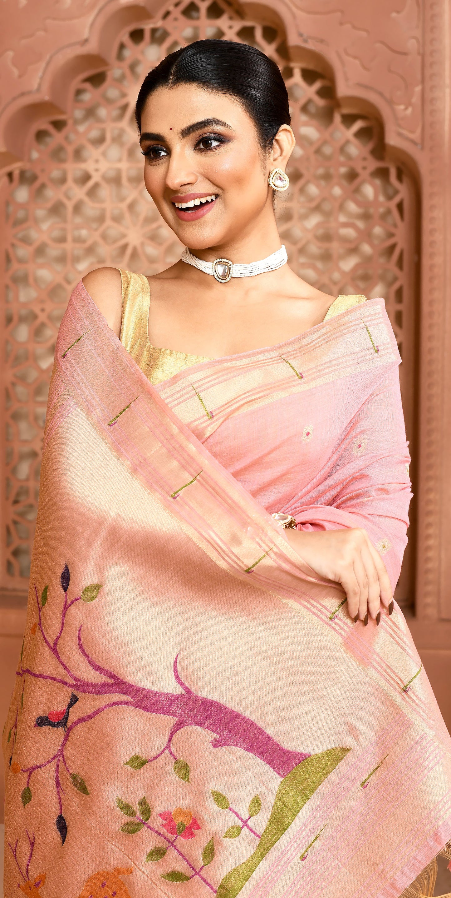 Golden Meadow Cotton Saree Pink featured