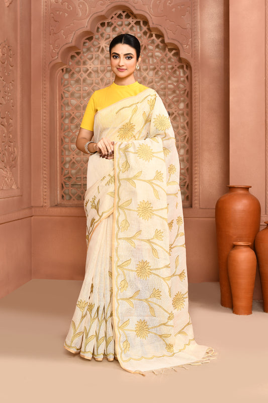 Sunflower Scallop Linen Shimmer Saree Grape green featured