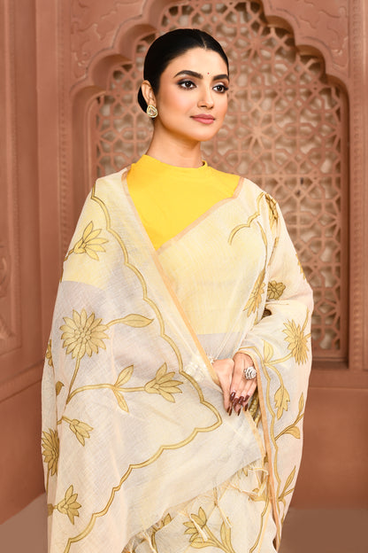 Sunflower Scallop Linen Shimmer Saree Grape green featured