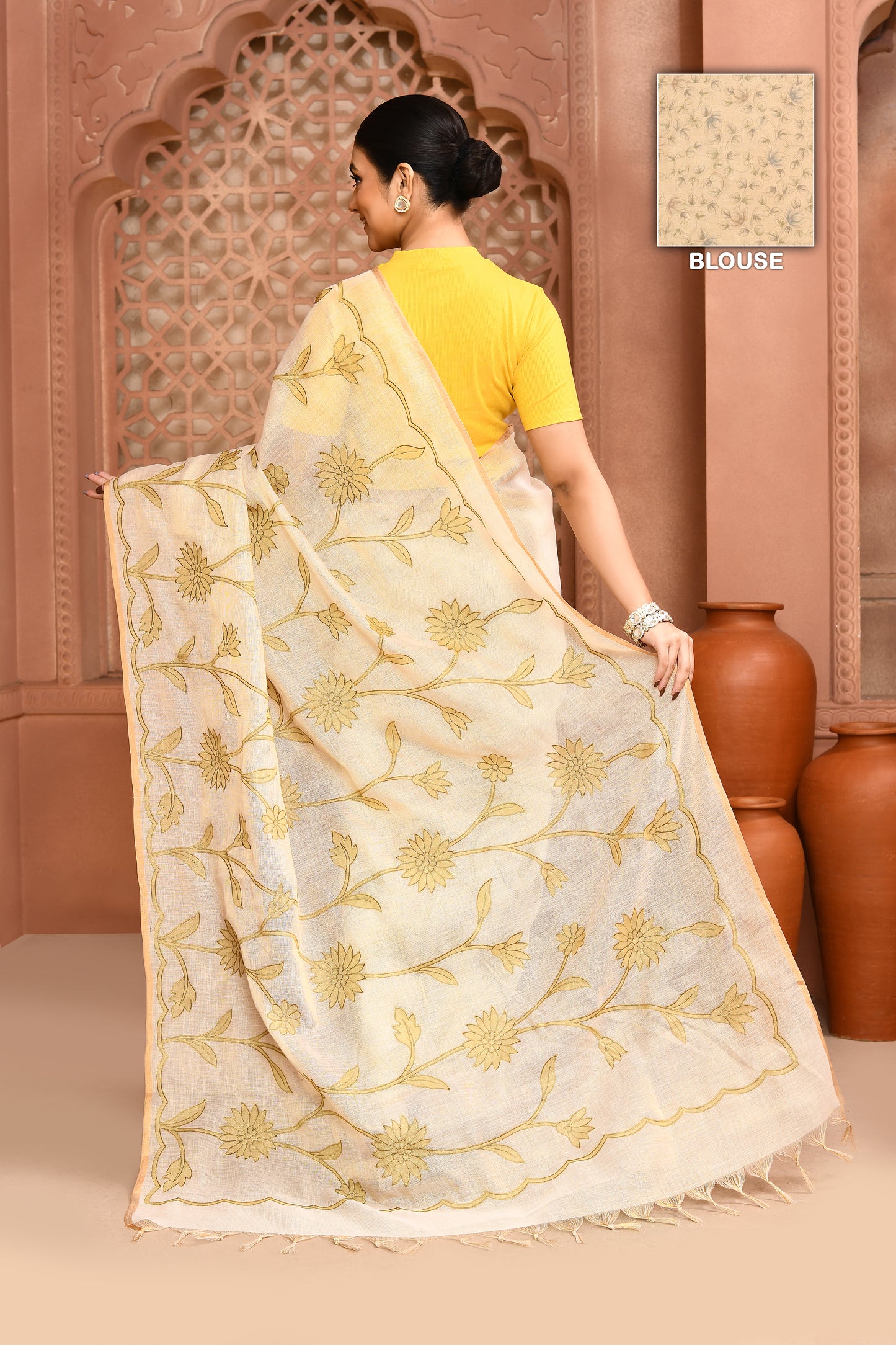 Sunflower Scallop Linen Shimmer Saree Grape green featured