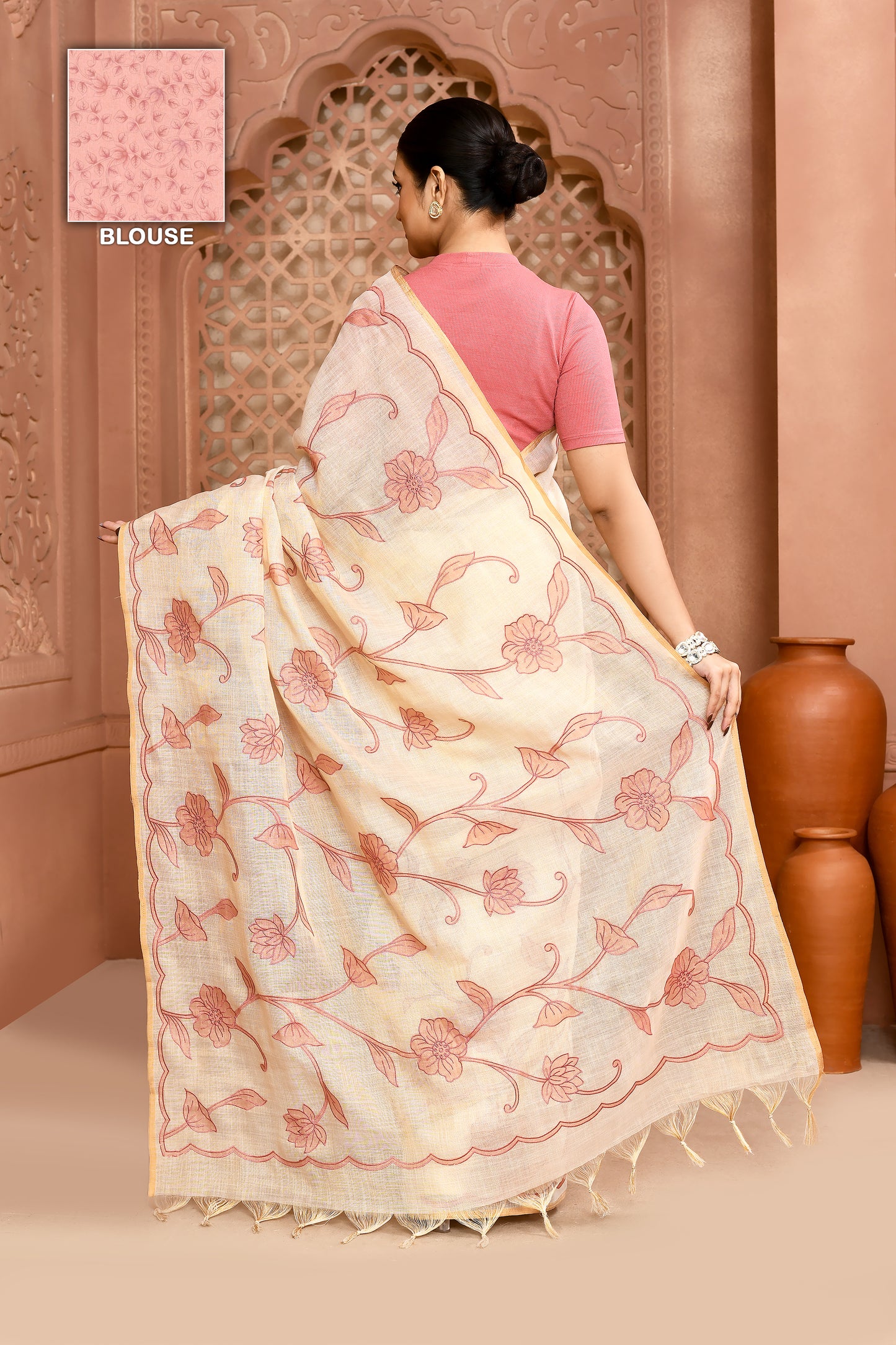 Rose Elegance Linen Shimmer Saree peach Saree featured