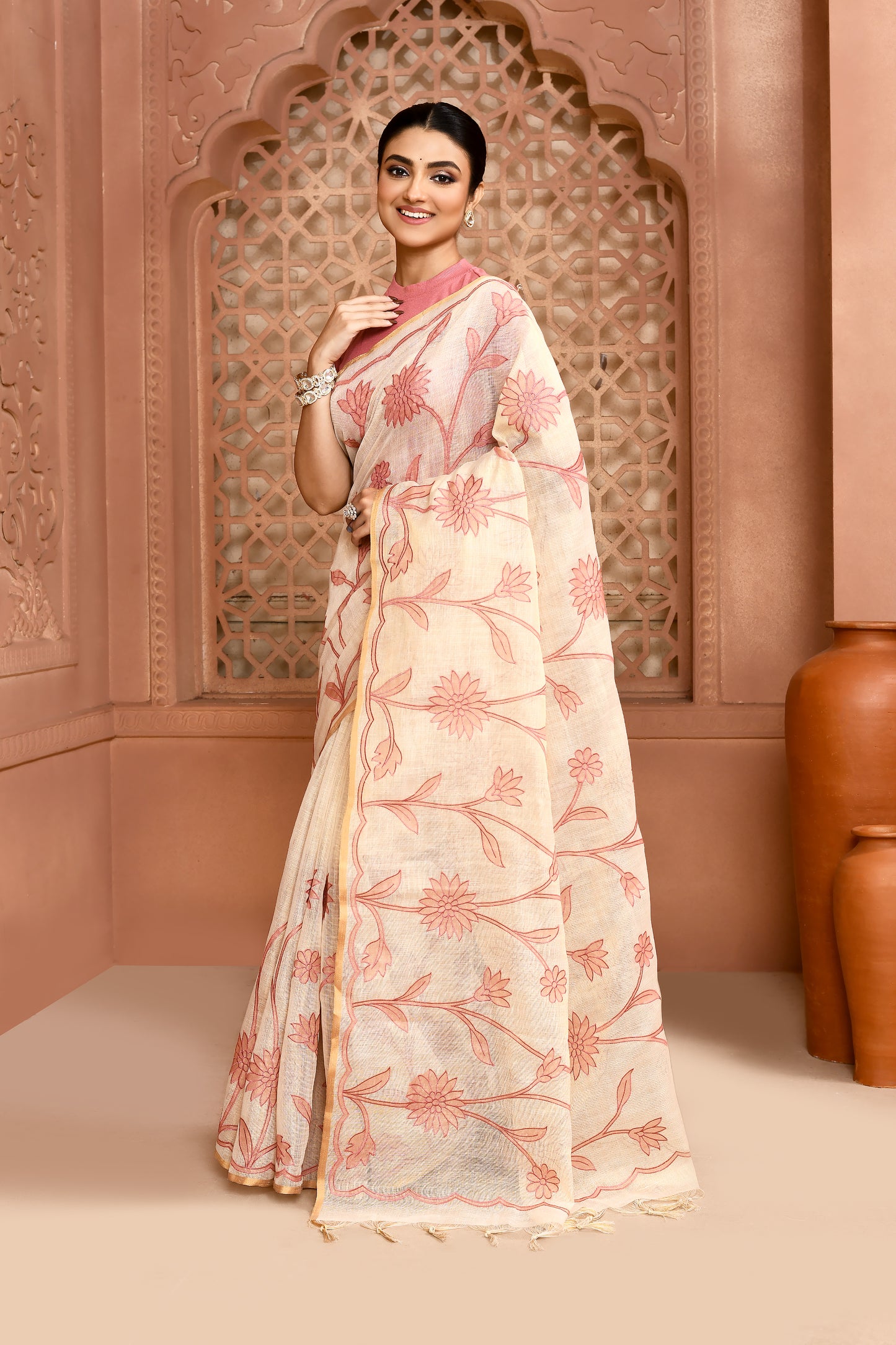 Sunflower Scallop Linen Shimmer Saree Peach featured