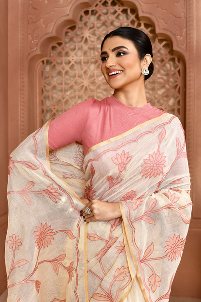 Sunflower Scallop Linen Shimmer Saree Peach2 featured