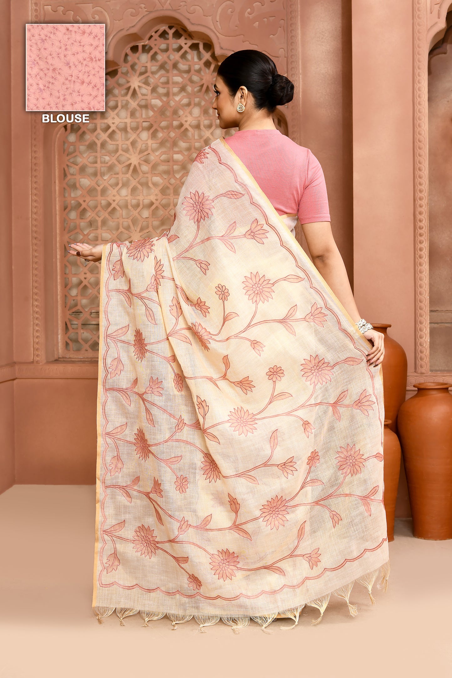 Sunflower Scallop Linen Shimmer Saree Peach featured