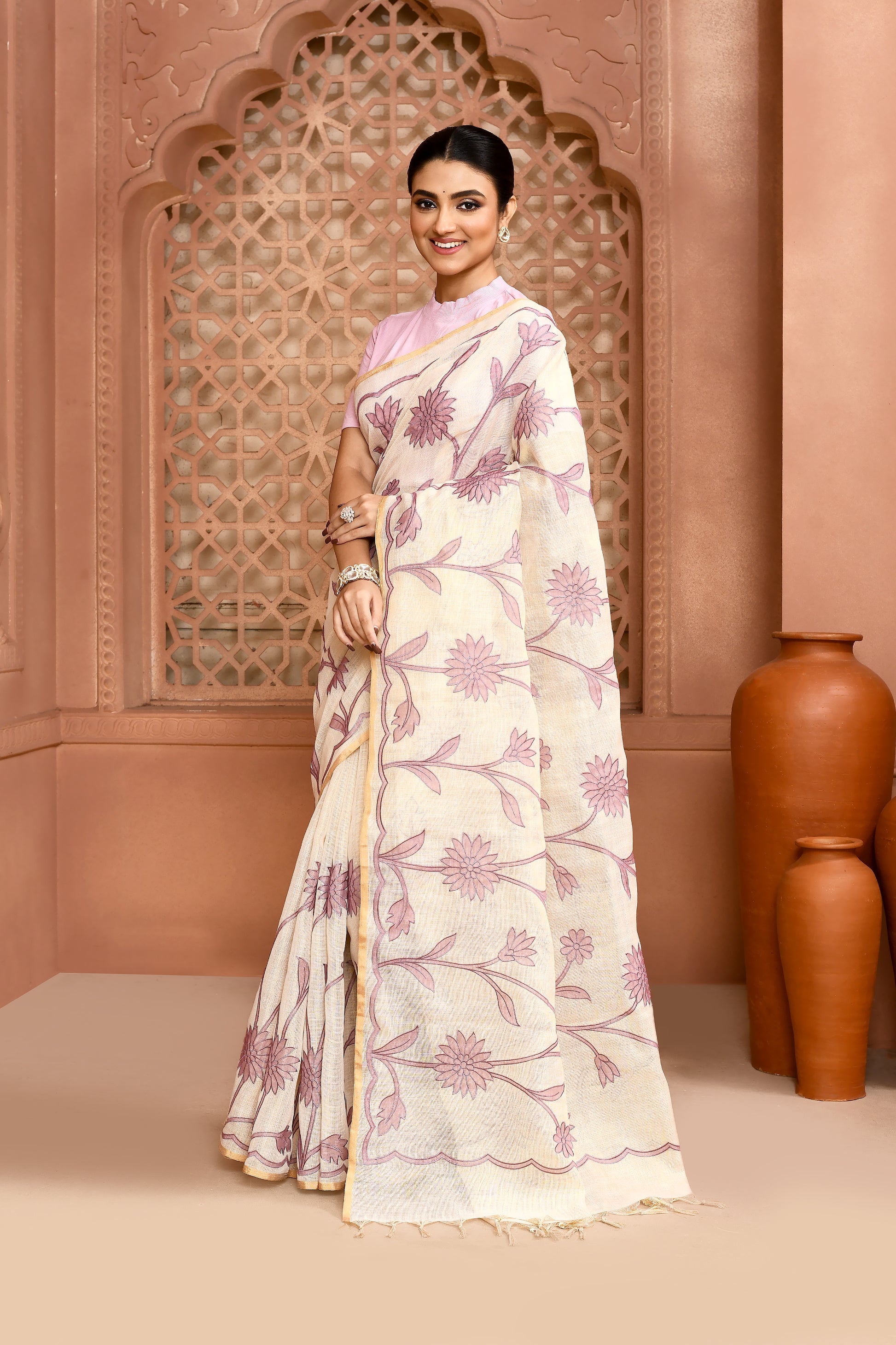 Sunflower Scallop Linen Shimmer Saree Lavender featured