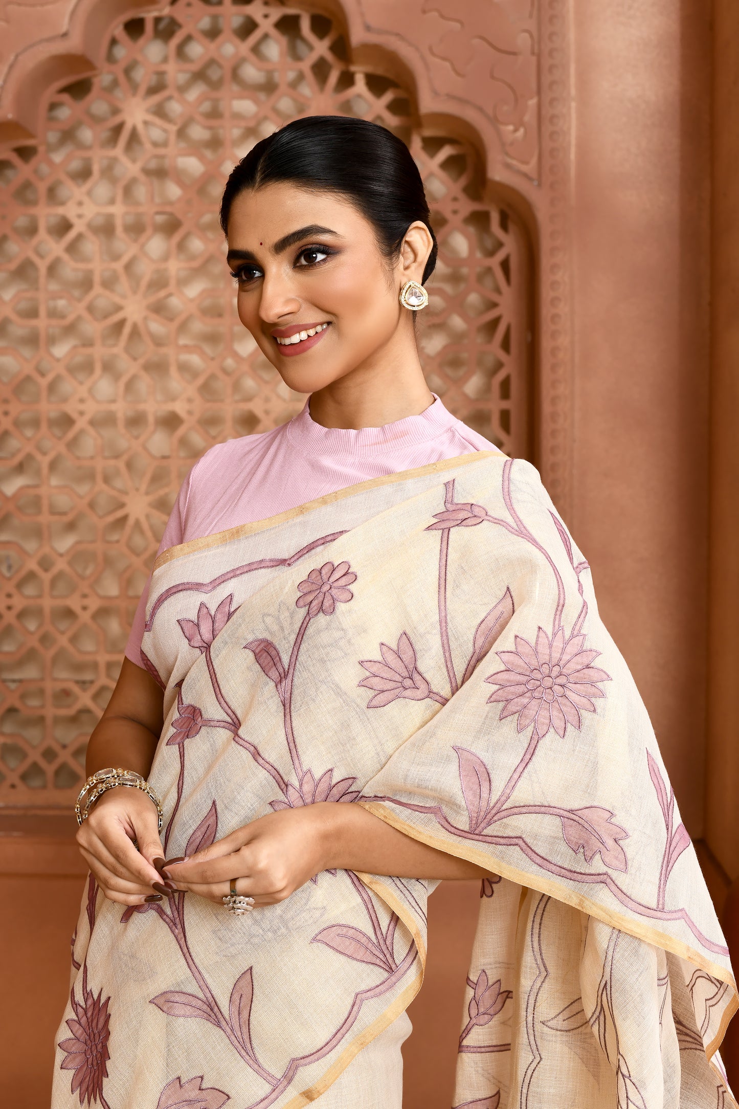 Sunflower Scallop Linen Shimmer Saree Lavender featured