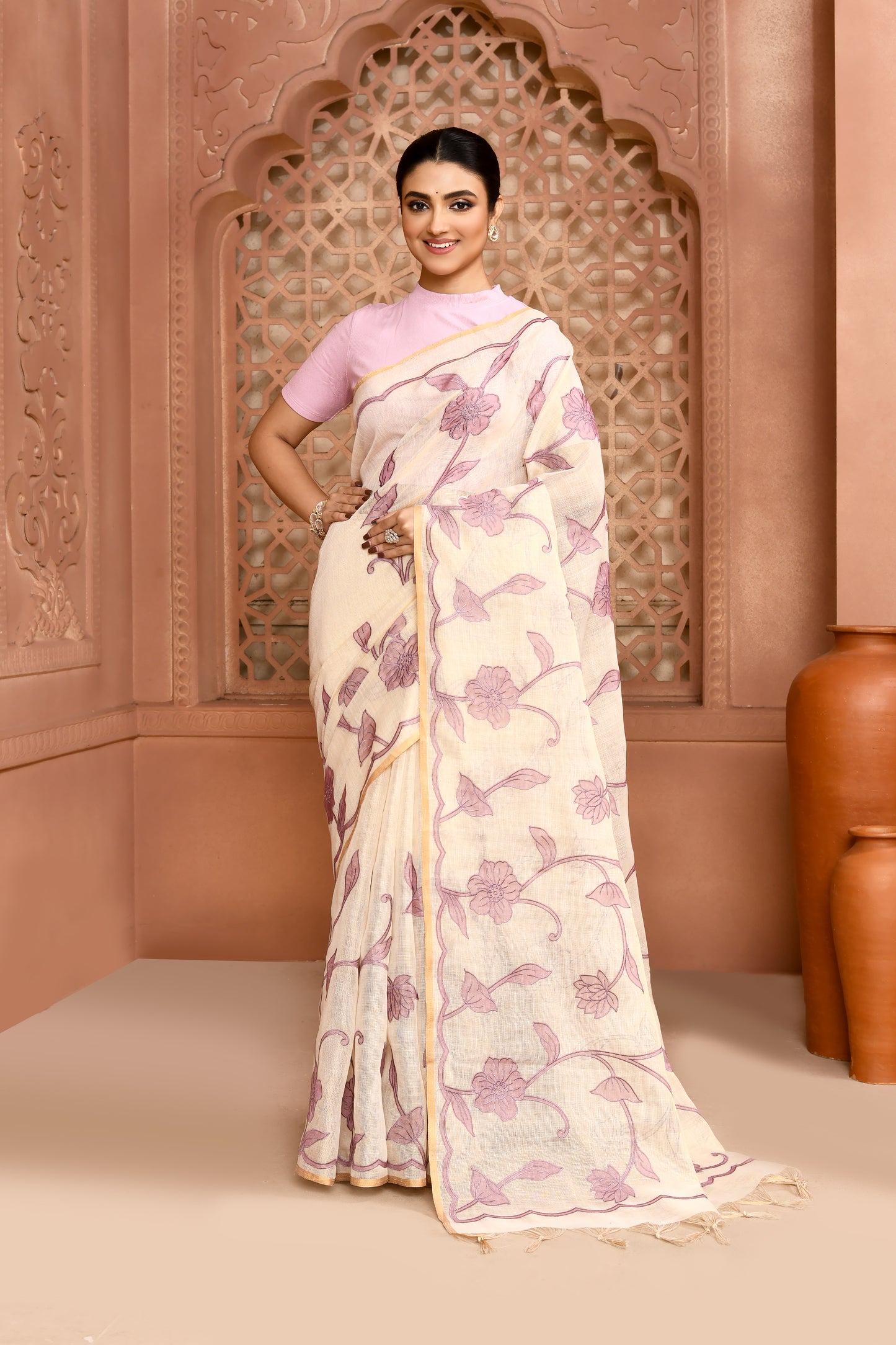 Rose Elegance Linen Shimmer Saree Lavender Saree featured