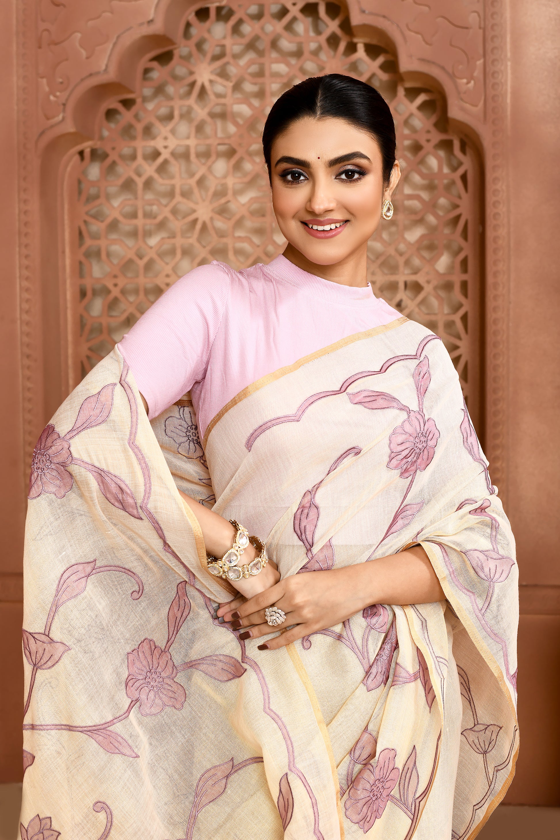 Rose Elegance Linen Shimmer Saree Lavender Saree featured