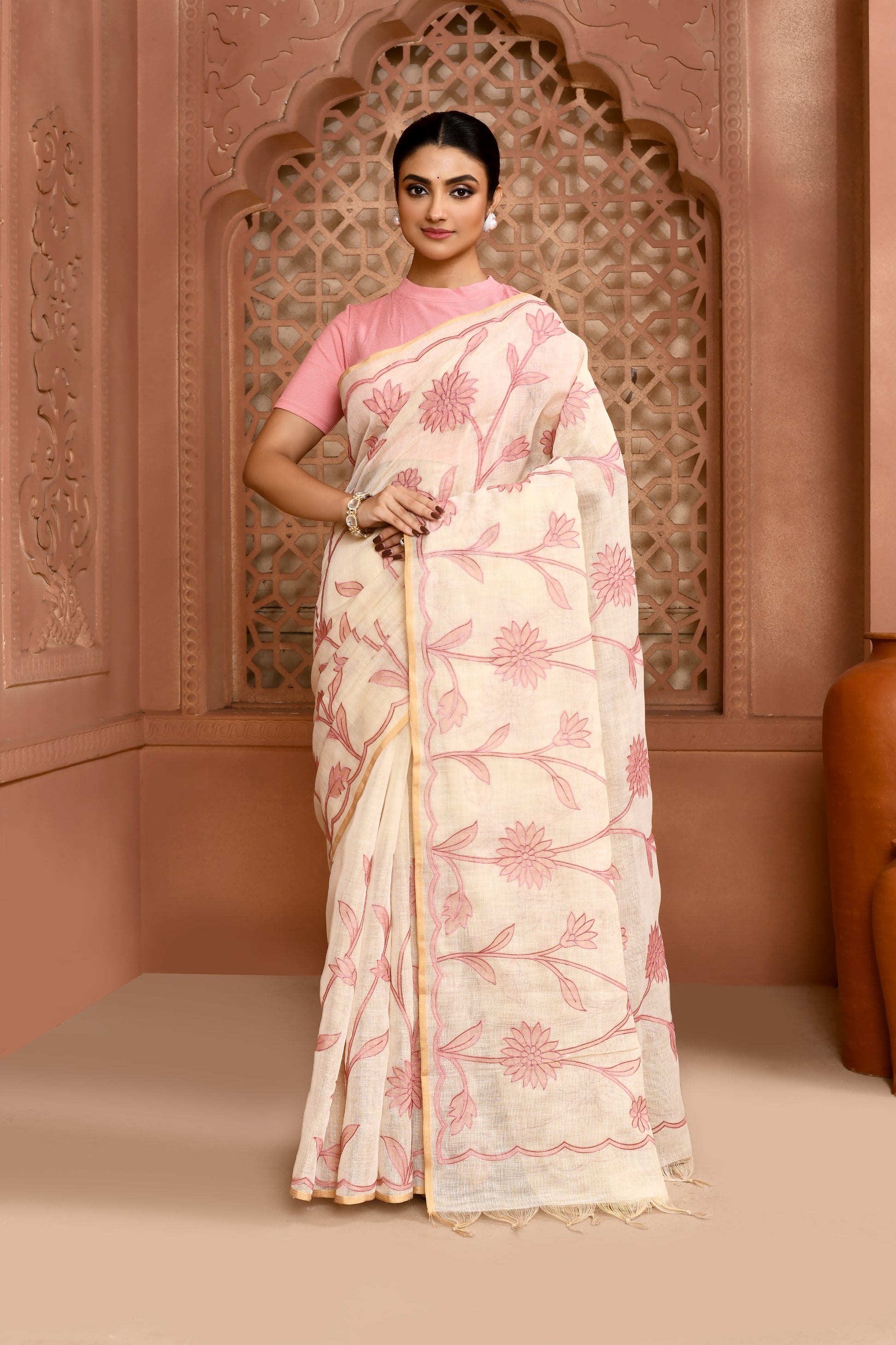 Sunflower Scallop Linen Shimmer Saree Orchid pink featured