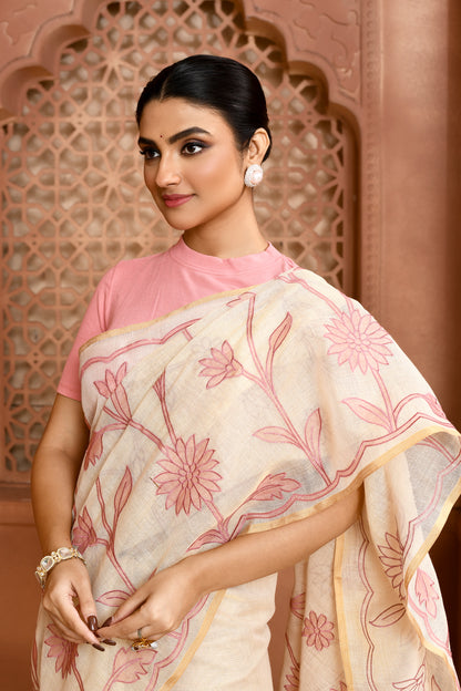 Sunflower Scallop Linen Shimmer Saree Orchid pink featured