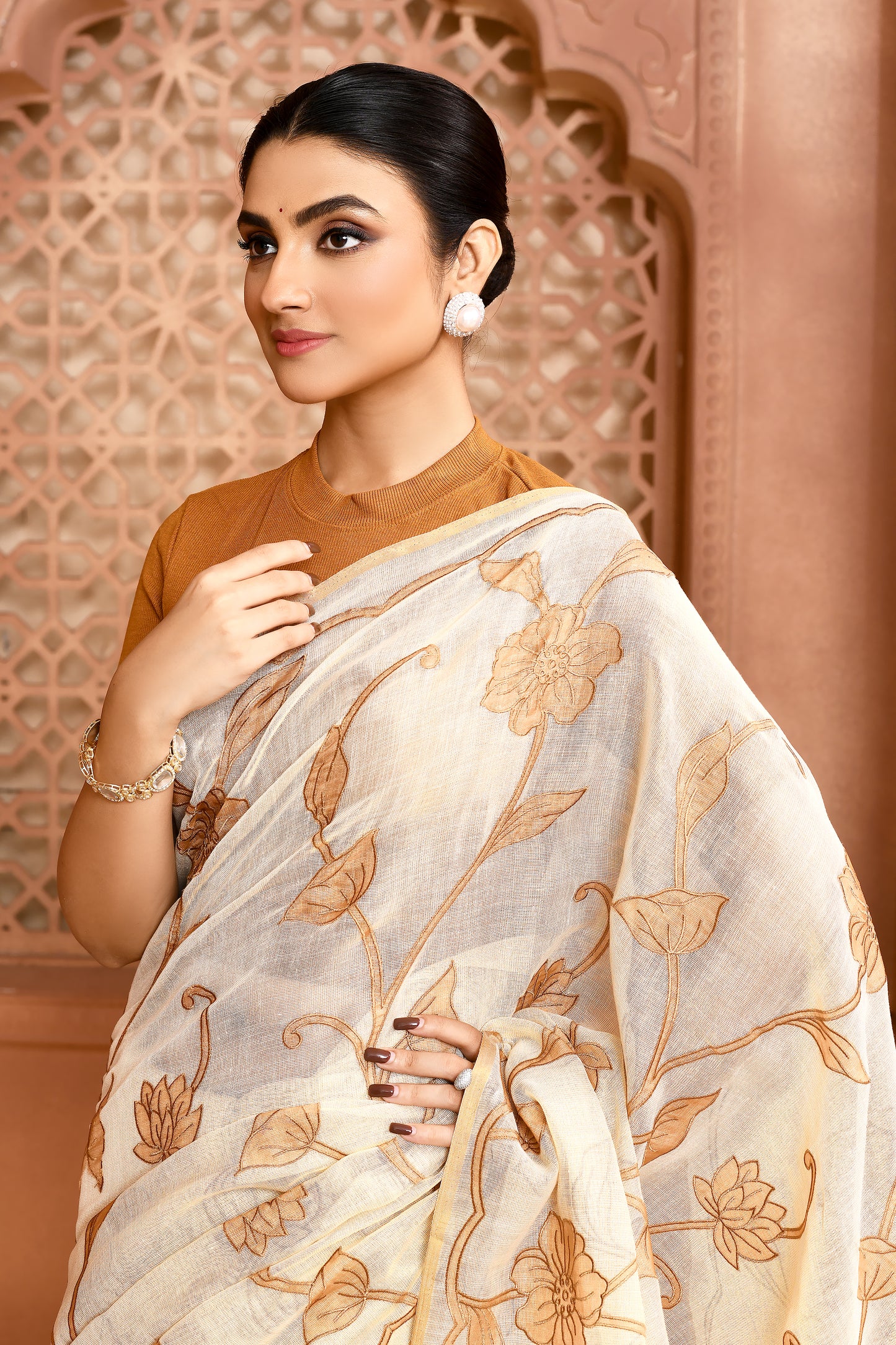 Rose Elegance Linen Shimmer Saree Light Brown Saree featured