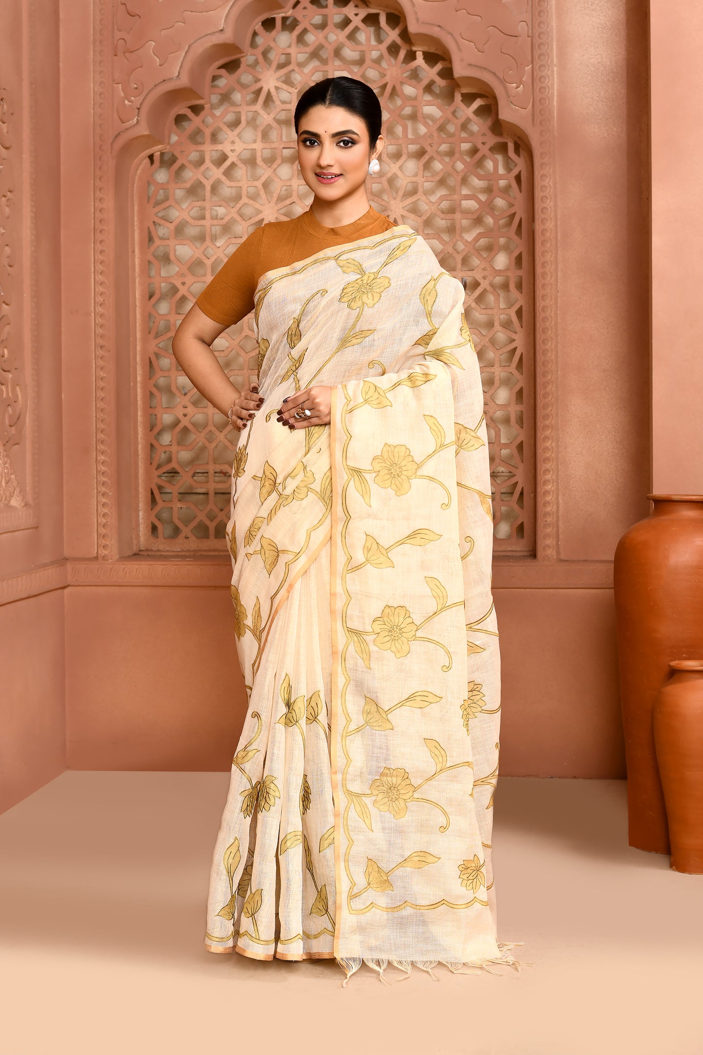 Rose Elegance Linen Shimmer Saree Grape Green Saree featured