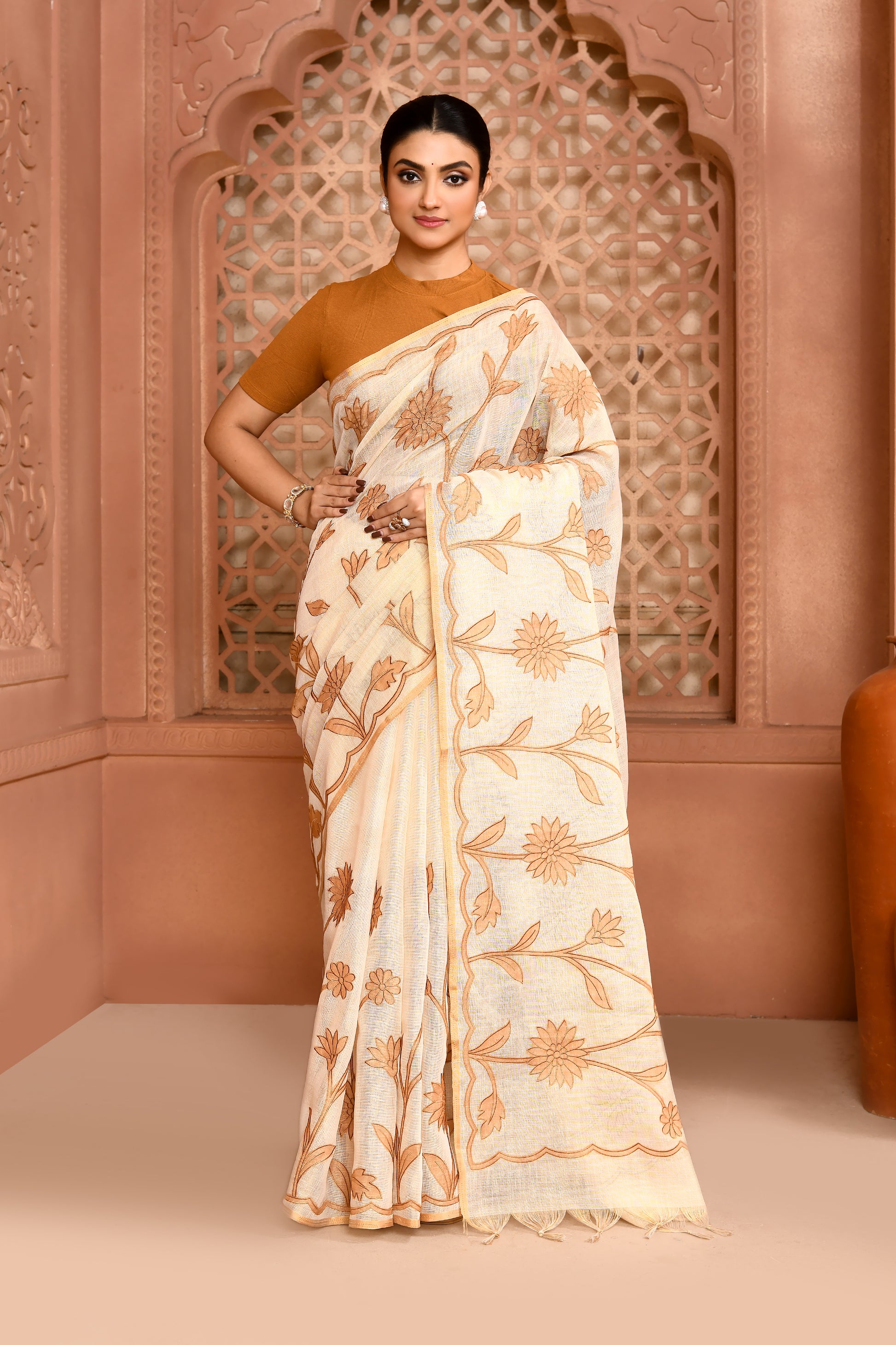 Sunflower Scallop Linen Shimmer Saree Light Brown featured