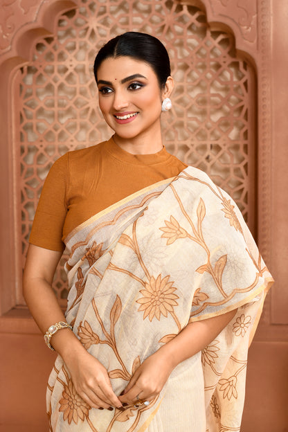 Sunflower Scallop Linen Shimmer Saree Light Brown featured