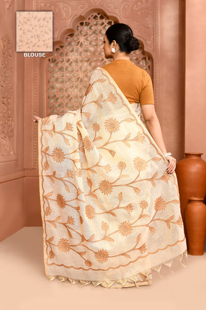 Sunflower Scallop Linen Shimmer Saree Light Brown featured
