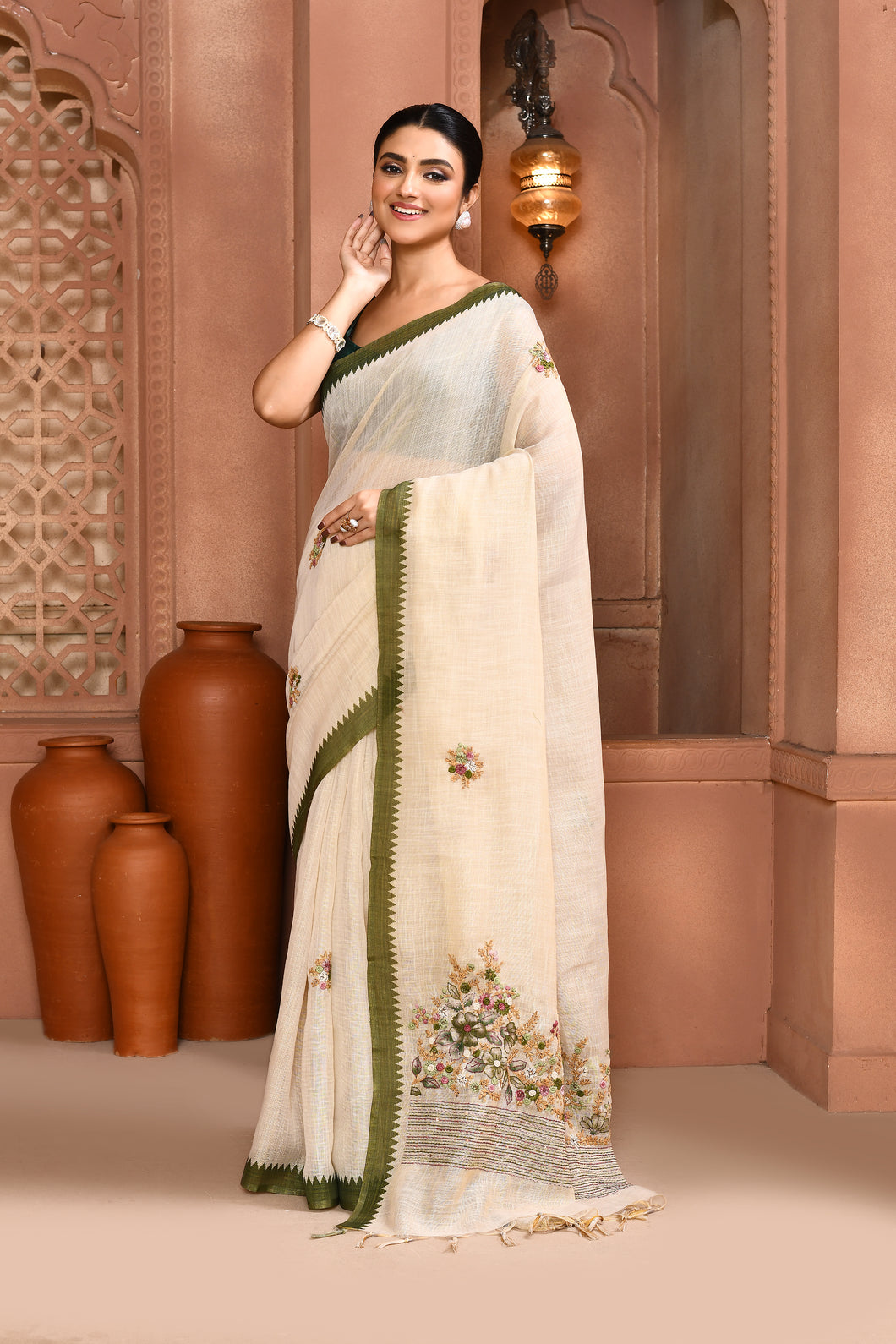 Blossom Linen Shimmer Saree Green Saree featured