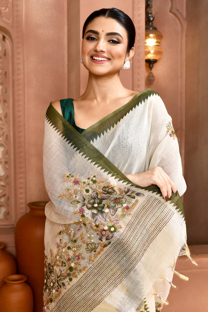 Blossom Linen Shimmer Saree Green Saree featured