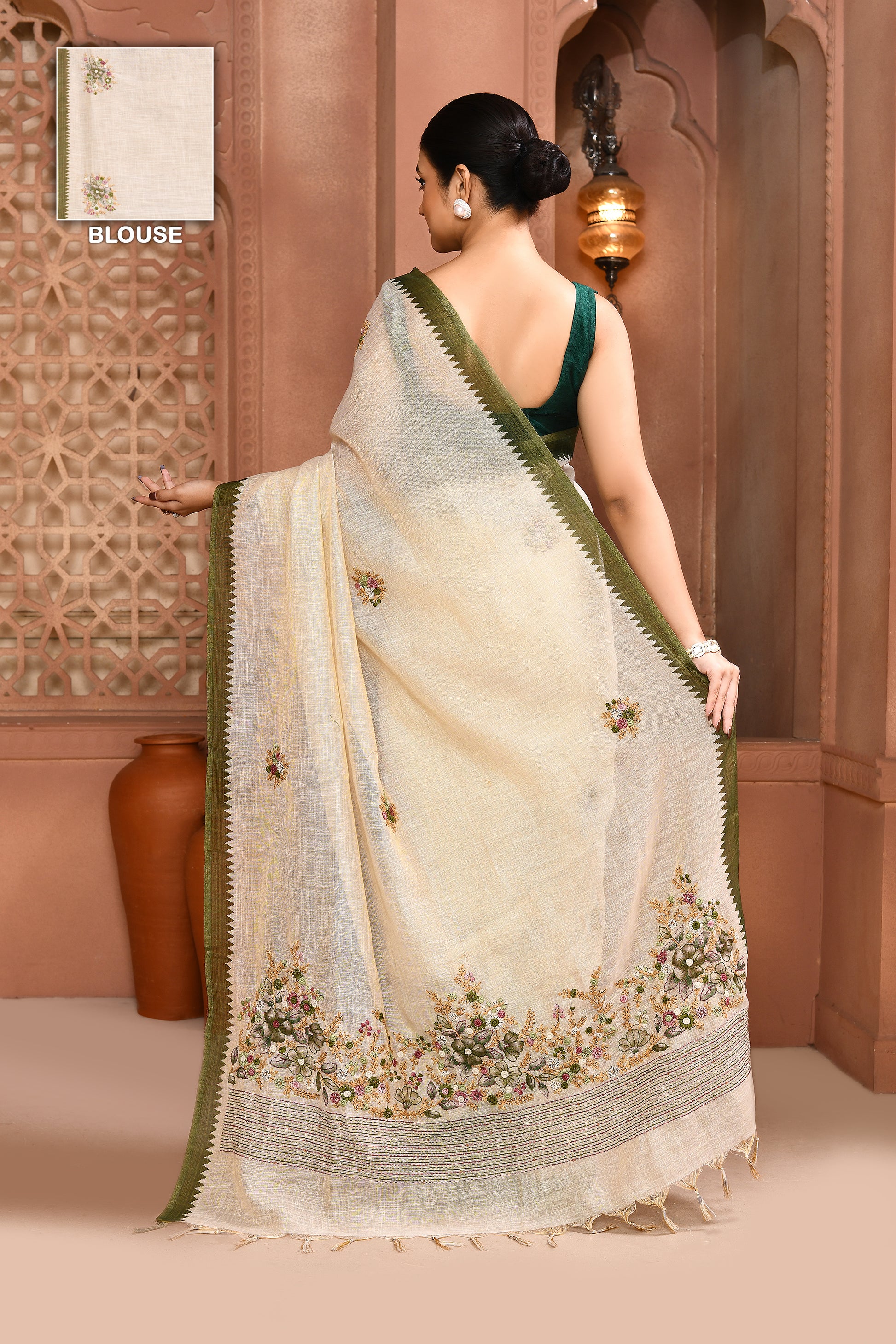 Blossom Linen Shimmer Saree Green Saree featured